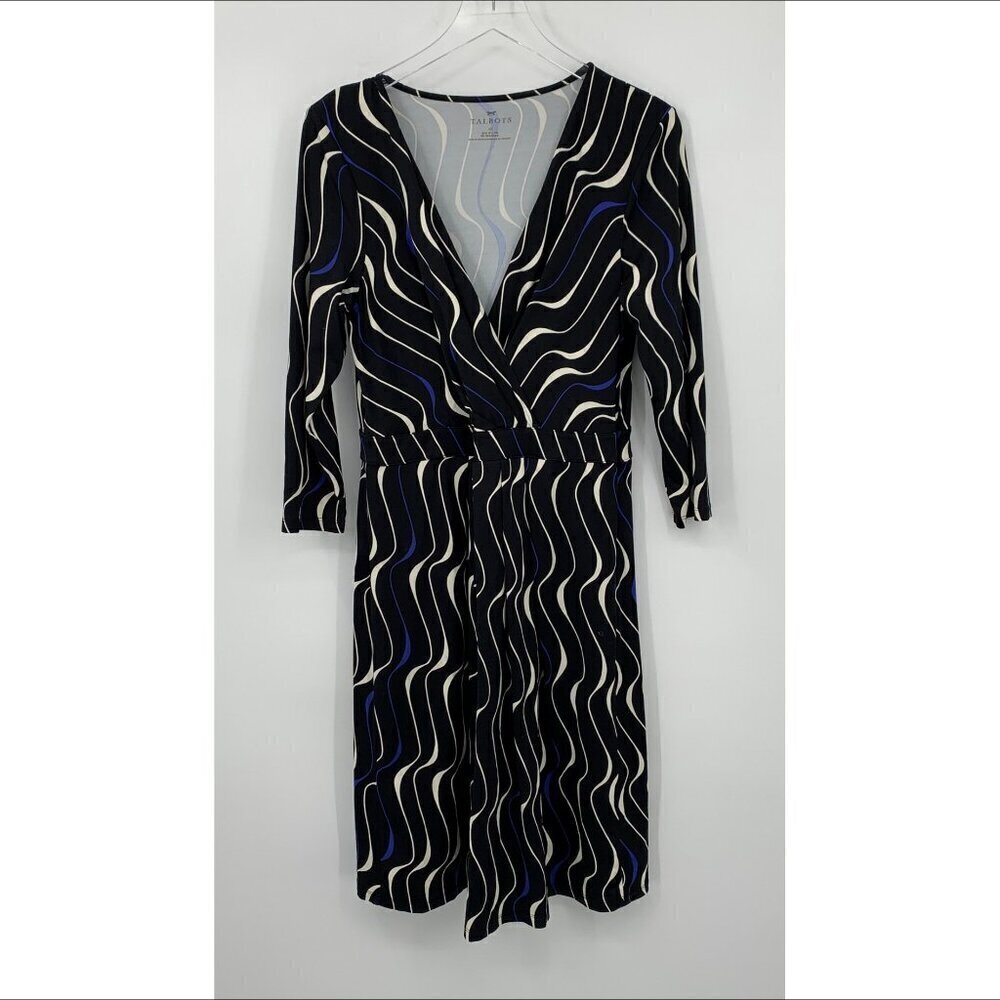 Talbots knit jersey shift dress black abstract blue white faux wrap surplice 10